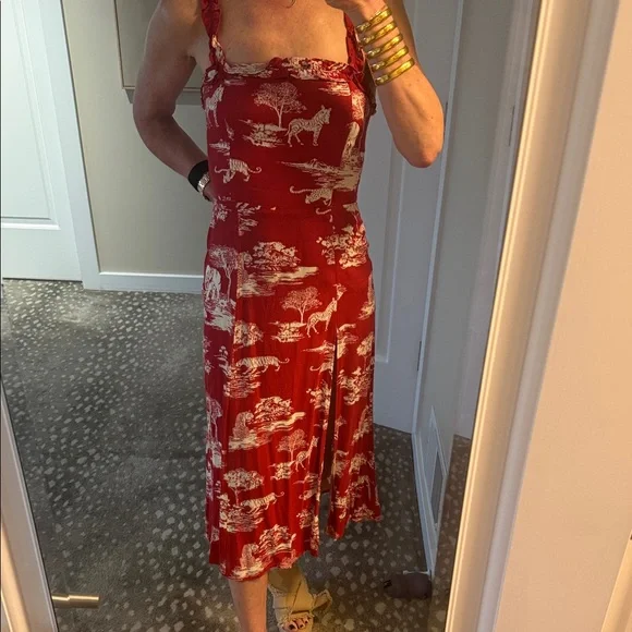 Reformation Red Toile Midi Dress with Safari Cream Print Sz 4 - Picture 5 of 13